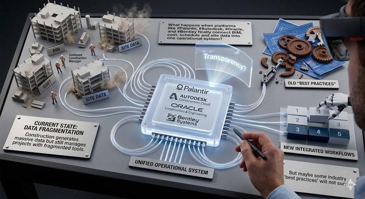 Construction generates massive data but still manages projects with fragmented tools.
What happens when platforms like #Palantir, #Autodesk, #Oracle, and #Bentley finally connect BIM, cost, schedule and site data into one operational system?

Transparency?

But maybe some