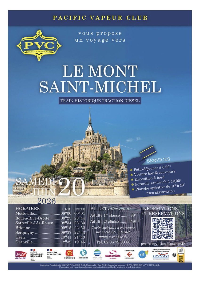 <a href="/VapeurPacific/">Pacific Vapeur Club</a> Le Mont Saint Michel en train historique traction diesel, l’e 20 join 2026!