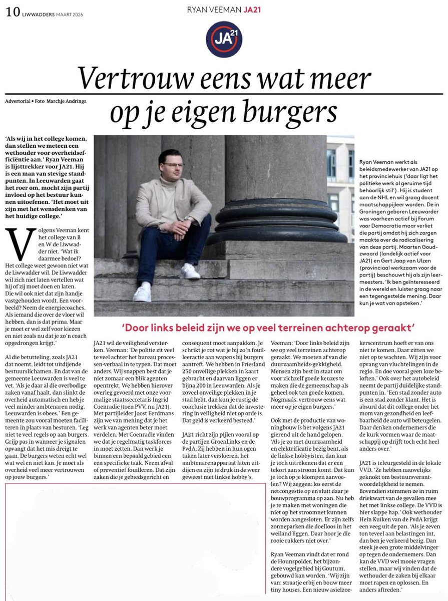 JA21Leeuwarden's tweet photo. Vertrouw eens wat meer op je eigen burgers.

Minder regels, meer veiligheid en ruimte voor ondernemers. Door links beleid is de gemeente #Leeuwarden op veel terreinen achterop geraakt. Het is tijd voor nuchter en realistisch bestuur! Lees ons verhaal.👇🏻 

#JA21 #GR26 https://t.co/H9BYek7add