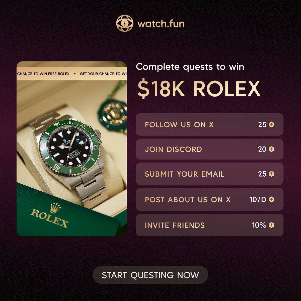 Qg6Bl's tweet image. ＃Watchfun
@watchdotfun
#Airdrop

Watch.funというプロジェクト❣️
よくあるSNSタスクやデイリータスクで❣️
ポイントゲット❣️

それがエアドロに❣️
高級腕時計も商品に❣️

以下より挑戦❣️
quests.watch.fun/quests?referra…