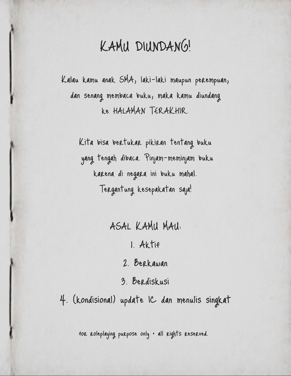 ⠀

[!!] TOLONG BANTU SEBARLUASKAN.

Klub membaca HALAMAN TERAKHIR membutuhkan kamu untuk melengkapi kisahnya. Kalau tertarik, jatuhkan balasan atau kirimkan pesan, ya!

⠀
