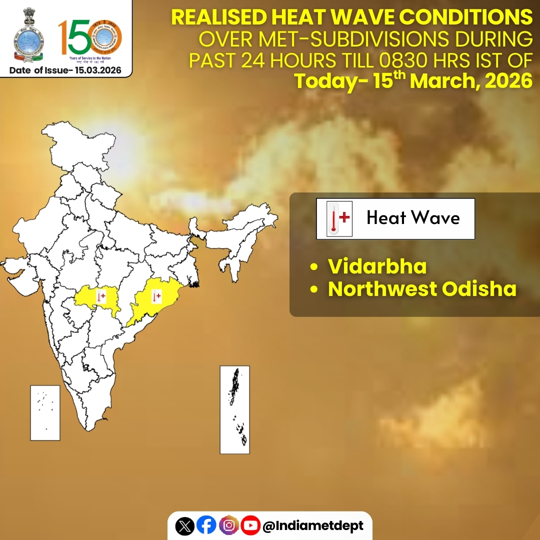 Indiametdept's tweet image. Realised Heat Wave conditions over met subdivisions during past 24 hours till 0830 Hrs IST of Today- 15th March, 2026

❖ Heat wave conditions prevailed at isolated places over Vidarbha and Northwest Odisha.

For more information, visit Us : mausam.imd.gov.in

#HeatWave