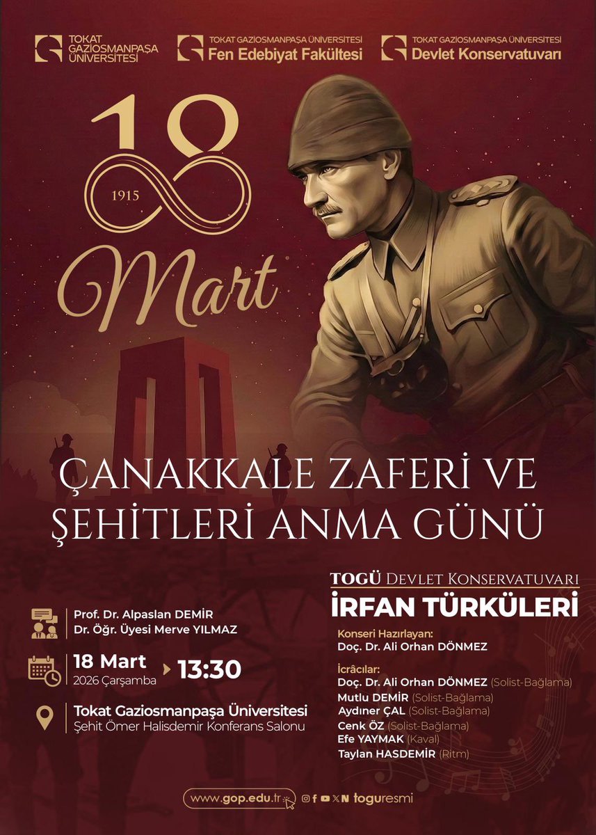 MYlmazz's tweet photo. Tokat Gaziosmanpaşa Üniversitesi Fen-Edebiyat Fakültesi ve Devlet Konservatuvarı iş birliğiyle düzenlenen “18 Mart Çanakkale Zaferi ve Şehitleri Anma Günü” programında konuşmacı olarak yer almak benim için büyük bir onur. Aziz şehitlerimizin hatırası önünde saygıyla eğiliyoruz. https://t.co/hwEA8MOOm6