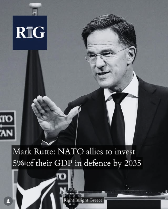 RightInsightGr's tweet photo. #Mark_Rutte : #ΝΑΤΟ allies' commitment to invest 5% of their #GDP in #defence by the year 2035.
NATO's Secretary General highlighted during his speech at the #BEDEX opening ceremony
Source; NATO https://t.co/W2912tKV81