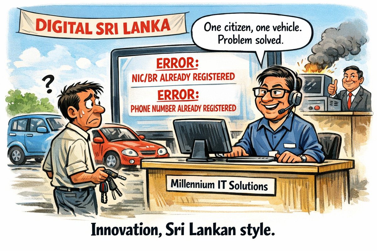 rangaba's tweet photo. The 'National Fuel Pass', built by @MillenniumITESP  seems to have been designed on the bold assumption that no one in Lanka owns more than 1 vehicle. Try enrolling a second and the system rejects your NIC/BR and phone number as already registered. Hans must pull up his socks. https://t.co/wgln5baUUr
