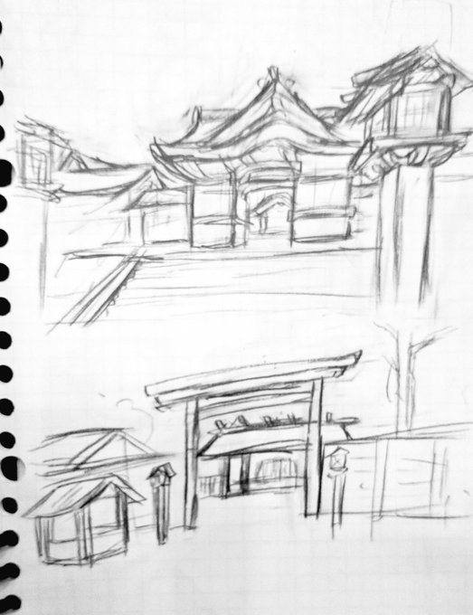 昨日の昼休み中うとうとしながら模写してた背景と
今日の昼休み中の練習・帰ってきてからの落書き 