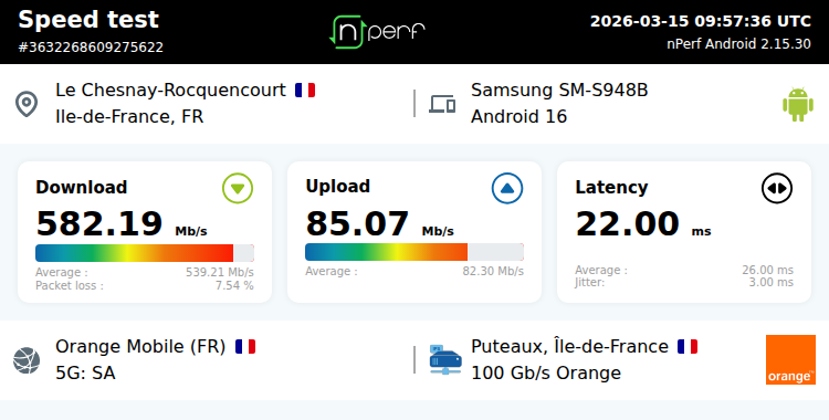 ↓582192 kb/s ↑85071 kb/s, ⇄ 22 ms / mobile:Orange Mobile / samsung SM-S948B / #nPerf v2.15.30 /