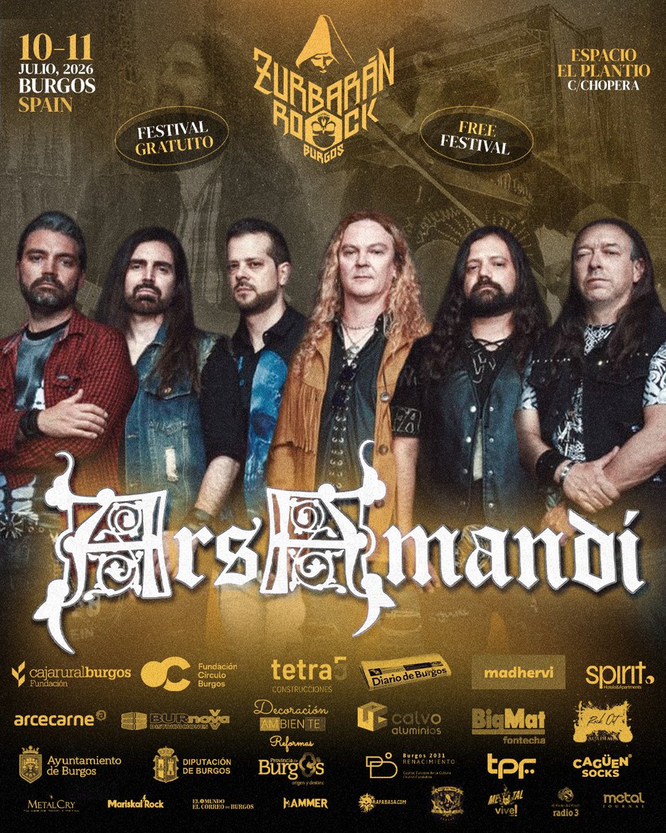 ZurbaranRock's tweet photo. 𝗔𝗥𝗦 𝗔𝗠𝗔𝗡𝗗𝗜 en @ZurbaranRock Burgos 2026 🤘🔥
📅 10 y 11 de julio de 2026
📍 Espacio «El Plantío», Burgos (Spain)
🎟️ FESTIVAL GRATUITO – Free Festival
#ZurbaránRockBurgos2026 #ArsAmandi #RockCastellano #Burgos https://t.co/FkprZnnEt8