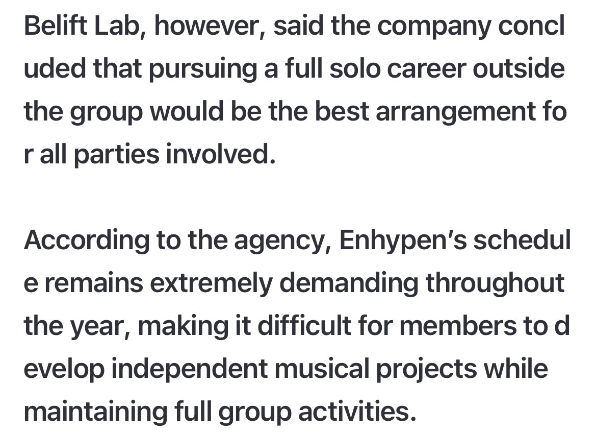 unleashwon's tweet photo. “enhypen’s schedule remains extremely demanding…making it difficult for the members to develop independent musical projects while maintaining full group activities” 

i don’t wanna hear anyone talk shit again and say that heeseung wanted to leave the group. the proof is here. https://t.co/njjh28GLyg