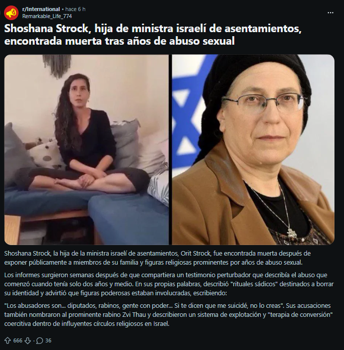 SPAINonymous's tweet photo. Shoshana Strock, hija de ministra israelí de asentamientos, encontrada muerta tras años de abuso sexual https://t.co/ABAOcPpsqh