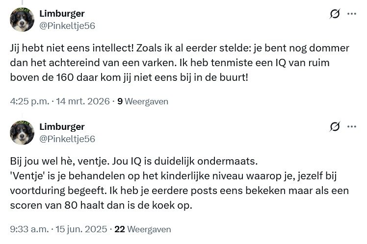johnnieke7's tweet photo. Ons @Pinkeltje56 claimt een IQ van 160 te hebben en zet anderen graag weg als dom. Dat kan hij beter niet doen met zijn 'jou IQ'.🤣🤣 https://t.co/c8BBF885n0