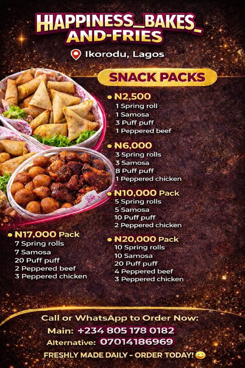 Happybakesfries's tweet photo. Craving something tasty?
At HAPPINESS BAKES &amp; FRIES, we serve freshly made cakes and delicious small chops that make every moment special!
Perfect for:
🎂 Birthdays
🎉 Parties
👶 Naming ceremonies
🏢 Office treats
or just treating yourself!
📍 Ikorodu, Lagos
📦 Freshly made daily https://t.co/F3DqCdK9xC