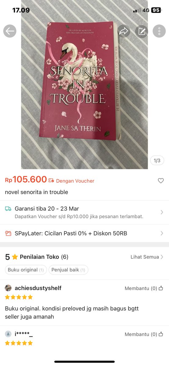 grumpy_girlll's tweet photo. preloved novel : SENORITA IN TROUBLE

wts ya. yang minat boleh dm atau bisa cek di link oren https://t.co/zgdzzVWUt6 biar liat kamu dapet diharga berapa.

aku udah jual banyak buku preloved jadi 100% trusted yaa.

#wts #wtb #preloved #zonauangᅠ #zonajajan️️ #novel https://t.co/8PUEIcMSlV