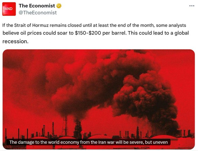 SniperJournalIO's tweet photo. 🇮🇷 The Strait of Hormuz remains closed. The Economist warns: If it stays closed through month-end, oil could hit $150-200/barrel → global recession. https://t.co/H6jvqpzaP1
