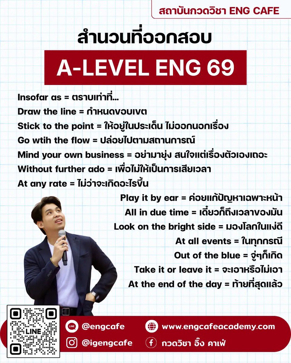 KSorawis's tweet photo. ✨สำนวนที่ออกสอบ A-Level 69
แปลถูกกันไหมเอ่ย
#EngCafe #ครูพี่สอ #ALevel69 #Dek69 https://t.co/N9zEUrGWJz