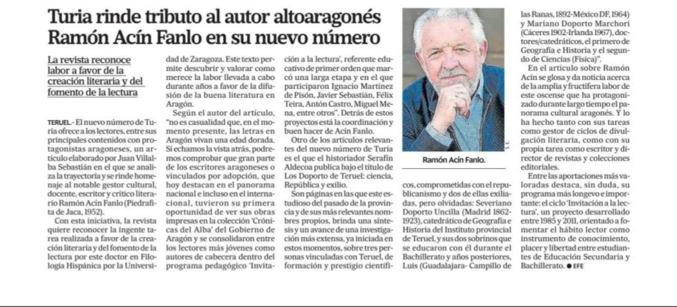 JMalo1972's tweet photo. La revista #Turia reconoce la labor del escritor tensino Ramón Acín Fanlo https://t.co/T5xBu5N4hR