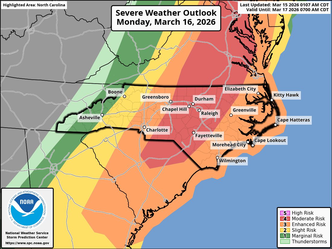 RaleighWx's tweet photo. A rare level 4 risk out of 5, moderate, for parts of Va/NC/SC including the Triangle. This threat looks legit tomorrow midday through afternoon the highest risk. Please be weather aware. https://t.co/PxHOBdFUcw
