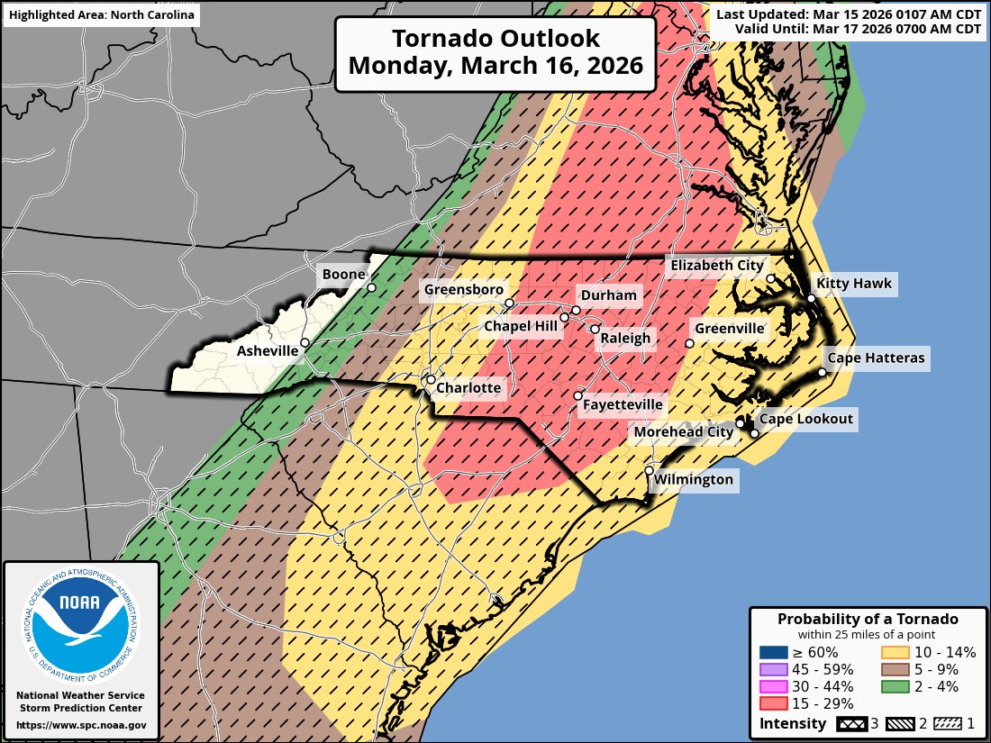 RaleighWx's tweet photo. A rare level 4 risk out of 5, moderate, for parts of Va/NC/SC including the Triangle. This threat looks legit tomorrow midday through afternoon the highest risk. Please be weather aware. https://t.co/PxHOBdFUcw