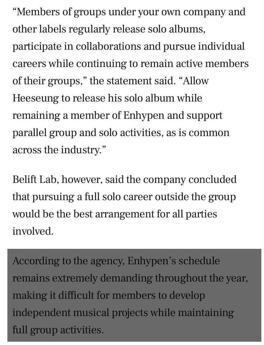 Enhagyy's tweet photo. In other words, the company plans to keep overworking the group and has no intention of adjusting timelines to support the members solo dreams or personal creative growth. 

This isn't just about one person the agency is restricting every member from pursuing independent projects https://t.co/EeyeFXmsob
