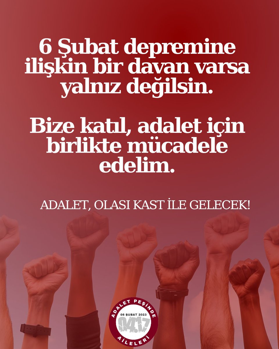 6 Şubat depremlerinde yakınlarını kaybeden ve ceza/idari dava açan, yıllardır adalet arayan aileler bize ulaşabilir.

Bize katılın; adalet için birlikte mücadele edelim!

#6Şubat #Olasıkast