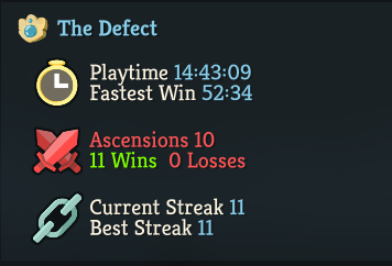 Fastatcc's tweet photo. Defect was my least successful character in Slay the Spire, but was the only one I was able to get to ascension 10 without a loss in Spire 2. Love the focus re-design and the status synergies. Silent almost made it but took one loss at A9. https://t.co/juR3ta6Fdy