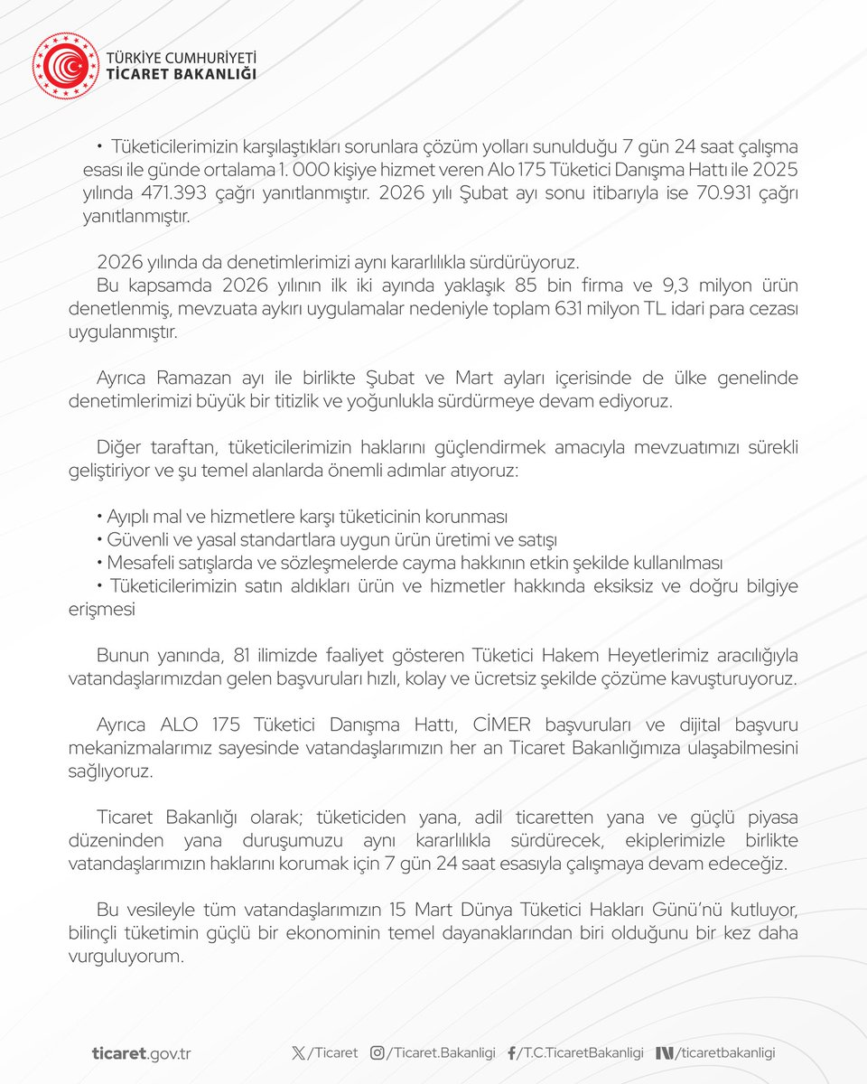 ticaret's tweet photo. Ticaret Bakanı Ömer Bolat'ın 15 Mart Dünya Tüketici Hakları Günü Mesajı

(15.03.2026) https://t.co/490wL2ZhC2