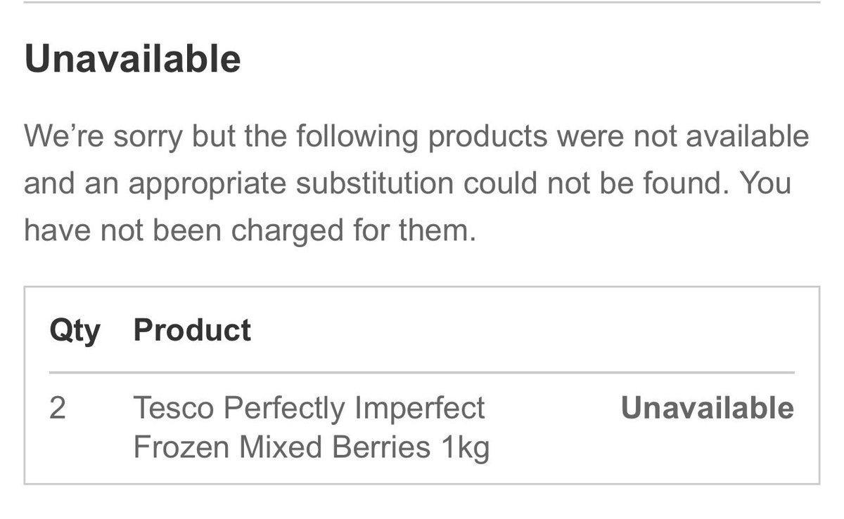 si_white's tweet photo. Oh come on @Tesco You just don’t want to substitute it with a more expensive item like you used to. You can’t tell me the whole store has no frozen fruit. https://t.co/tEQjjiEcqG