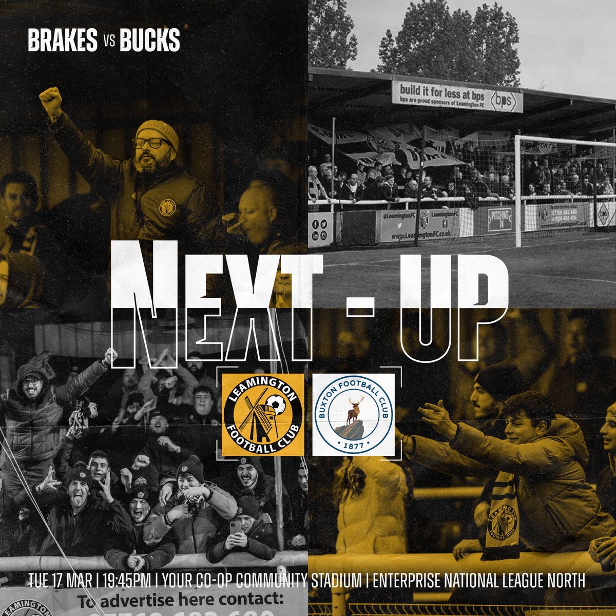 LeamingtonFC's tweet photo. NEXT UP: The gaffer’s homecoming, a huge turnout expected… ✊🏼

🆚 @Buxton_FC
🏟️ Your Co-op Community Stadium
🗓️ Tuesday 17 March
⏰ 19:45
🎫 PAY WHAT YOU WANT on the gate
🅿️ FREE PARKING
☘️ St Patrick’s Day pint offer… 👀

#BackingTheBrakes | #BrakesTogether https://t.co/dnRO6YnFsI