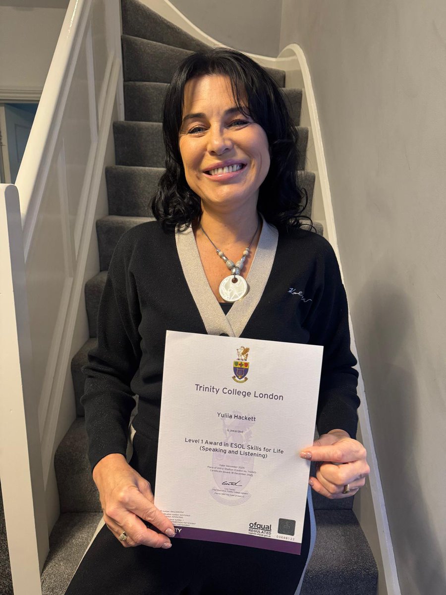 Yuliia Hackett is delighted to have received her Trinity ESOL Skills for Life Level 1 Speaking Certificate 🎉

The reading and writing ESOL exams are coming up in May. If you need any support to pass an ESOL exam at <a href="/SOTCollege/">Stoke on Trent College</a>  please contact Ruth for more information 👩‍🏫