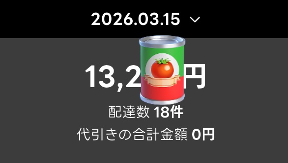 中野、杉並稼働。13時30分から19時まで稼働🥫。今朝のWBCフィーバーに乗り遅れたが、その残滓でプチ儲け。夜も1-2km2,000円のがちょくちょく流れたんで、今日普通に単価イイ日なんやろな。
