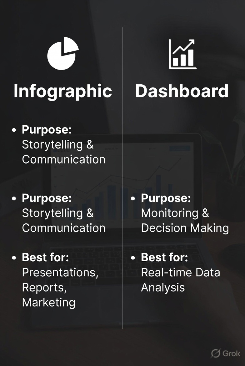 NirnexAI's tweet image. 🚨 Infographic vs Dashboard in Data Analysis:  Are You Using the Right One?

Many professionals use infographics and dashboards interchangeably — but they serve very different purposes. Here’s a quick breakdown 👇

#DataAnalytics #DataVisualization #DataStorytelling #Analytics