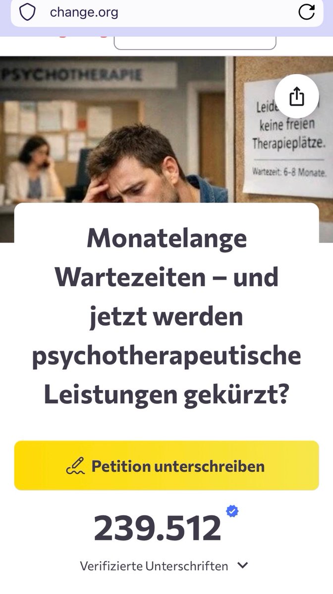 angeljovenPT's tweet image. Aktueller Stand #Petition gegen #Honorarkürzungen bei den #Psychotherapeuten
#SeelischeKrankeiten Krankeiten 2. Klasse?

239.512 Unterschriften