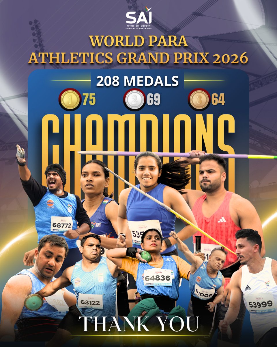 Champions rise. Records fall. History made. 🏆

Team India shines at the World Para Athletics Grand Prix 2026 in New Delhi with an incredible 208 medals –
🥇 75 Gold | 🥈 69 Silver | 🥉 64 Bronze

A celebration of determination, resilience, and para sporting excellence. 🇮🇳🔥