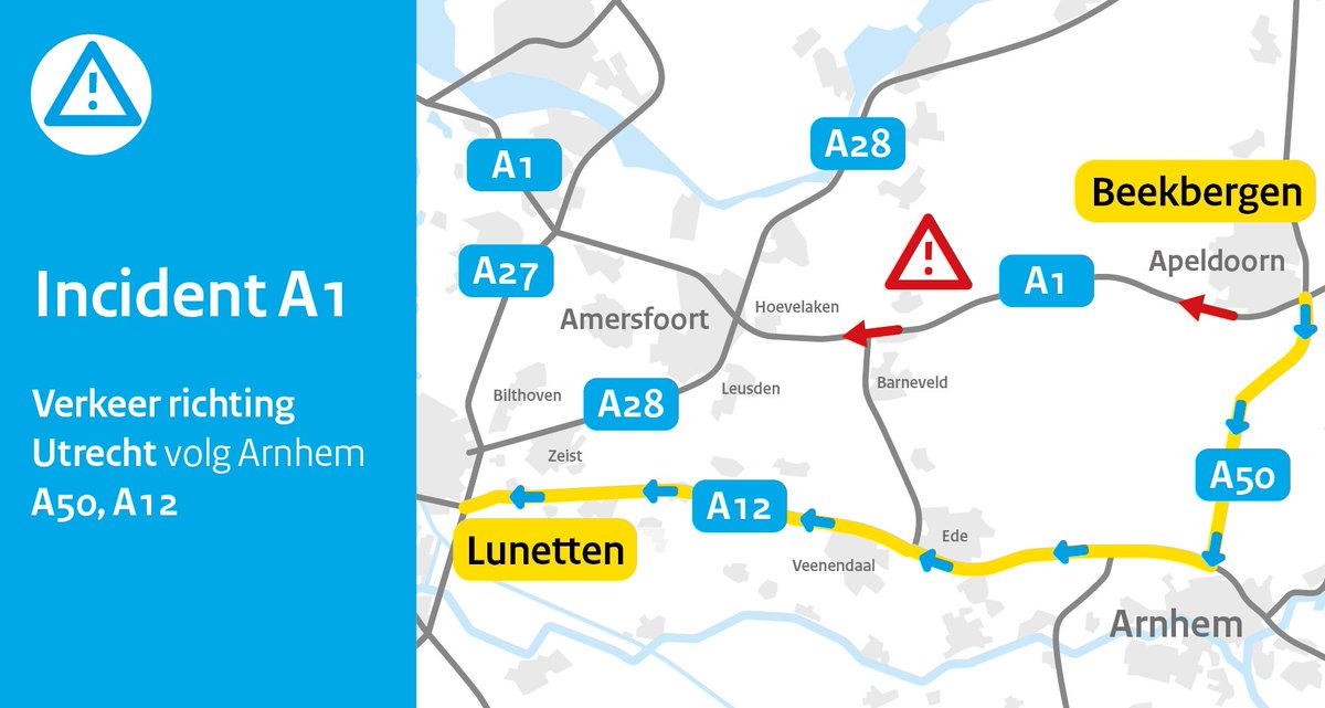 RWSverkeersinfo's tweet image. De berger gaat op de #A1 bij Hoevelaken aan de slag en we gaan de linkerrijstrook zo snel mogelijk vrijmaken. De vertraging is wel inmiddels opgelopen naar bijna een uur. We leiden daarom verkeer om vanuit Apeldoorn vanaf knp. Beekbergen 👇
