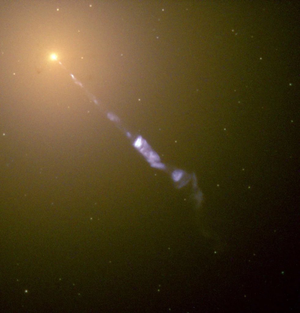 NightSkyToday's tweet photo. BREAKING🚨: NASA captured a black hole that, while devouring a galaxy, releases a plasma beam at almost the speed of light and it stretches 5,000 light-years.😮 https://t.co/bBXCY1rqPj