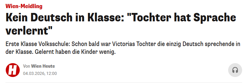 Ein einheimisches Mädchen hat an einer Wiener Schule Deutsch verlernt.

Sie konnte keine Artikel mehr verwenden und hat Begriffe vergessen.

Nach dem Wechsel an eine Privatschule musste sie eine Klasse wiederholen, um wieder gleichzuziehen.

Vielfalt macht Städte zu Shitholes.