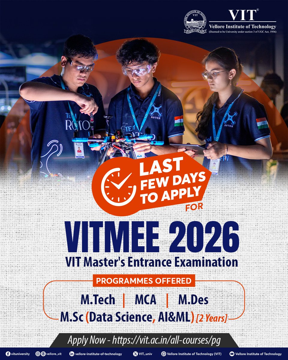 VIT_univ's tweet image. Ready to level up your career? 

Whether you're looking to dive deep into Data Science, master AI &amp;amp; ML, or lead the next wave of Design and Engineering, the clock is ticking!
@ChennaiVit @VITAPuniversity  @VITBhopal 

#PostGrad #MastersDegree #TechCareers #DataScience #VIT