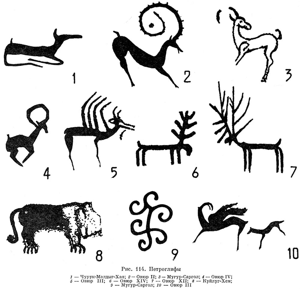 archaeologyart's tweet photo. Sayan-Altai petroglyphs. Various animal and symbolic figures. The source of this drawing is the book Ancient Nomads in the Center of Asia, written by Soviet archaeologist Aleksandr Danilovich Grach (А. Д. Грач) and published in Moscow in 1980 by Nauka Publishing House.

According to the Russian notes beneath the image I've shared, these petroglyph copies are listed as being compiled from specific archaeological sites in Tuva, including Churuk-Maldyg-Khaya, Övür, Mugur-Sargol, and Kuylug-Khem. Most of the drawings were gathered from M.A. Devlet's systematic research.

The Sayan-Altai petroglyphs aren't the product of a single culture or era. Over thousands of years, successive communities have left their marks on the very same rocks. In the words of archaeologist Marina Kilunovskaya, each newly arrived civilization marked its presence here--and it didn't destroy the works of its predecessors.