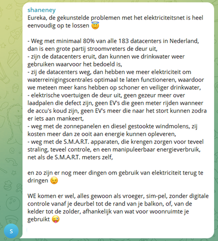 Orakel  Shaneney heeft DE oplossing gevonden voor het elektriciteitsprobleem.  Gelukkig staat ze voor zover mij bekend nergens op een lokale kieslijst  want haar drang naar de jaren 50 van de vorige eeuw neemt wel extreme  vormen aan.