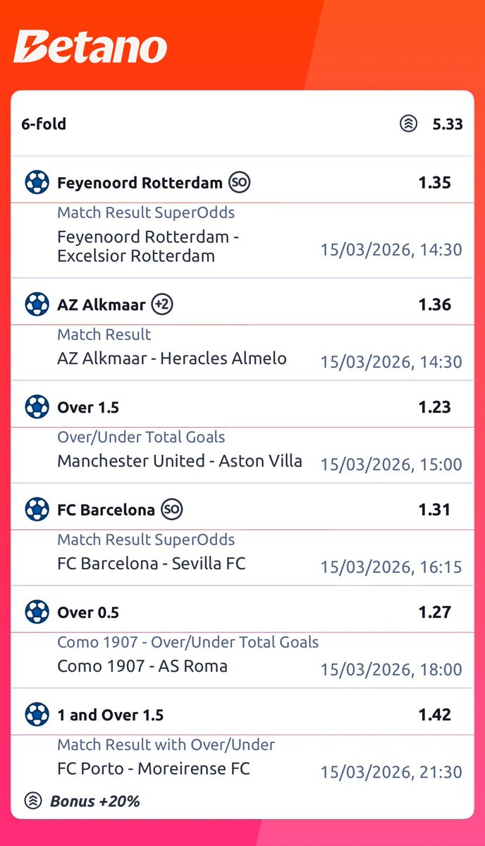 NelNebak's tweet image. 🔥 Massive 6-fold acca on Betano today @ 5.33!  
- Feyenoord to win vs Excelsior 
- AZ Alkmaar win vs Heracles
- Over 1.5 in Man Utd vs Aston Villa 
- Barcelona win vs Sevilla 1.31  
- Over 0.5 in Como vs Roma

Next free bet inside my Telegram channel, Link on my profile✅👍