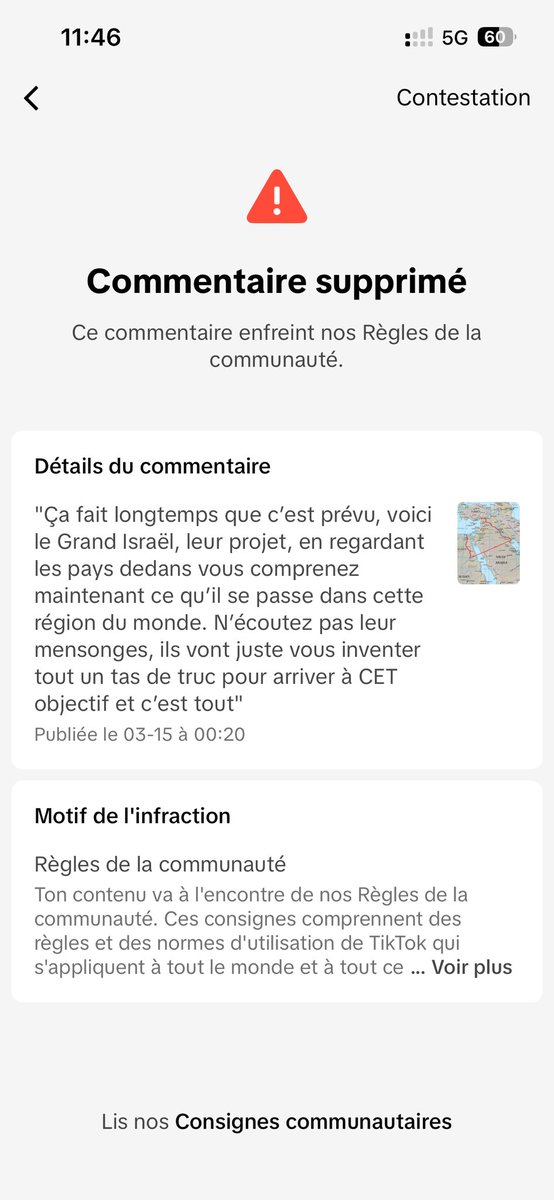 Nessyuh's tweet photo. Visiblement dire la vérité sur TikTok quand ça concerne Israël ça ne plaît pas. Aucune insulte juste des faits et pourtant le commentaire saute. Cette notification je l’ai reçu comme un « Bien vu t’as raison »  

#IsraelTerorrist #truth #reveal #maskoff https://t.co/VbHeavTLvQ