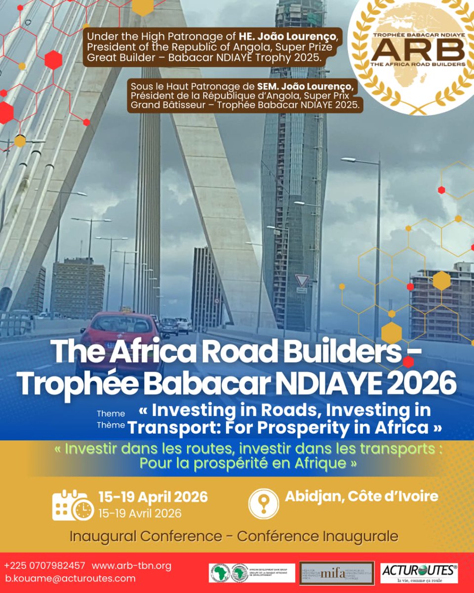 #COMMUNIQUE 
La 11ie édition de la Conférence inaugurale de " The Africa Road Builders-Trophée Babacar Ndiaye " organisée par #Acturoutes en partenariat avec <a href="/AfDB_Group/">African Development Bank Group</a> initialement prévue à Dubaï  est délocalisée à Abidjan aux mêmes dates. 
Plus d'infos: