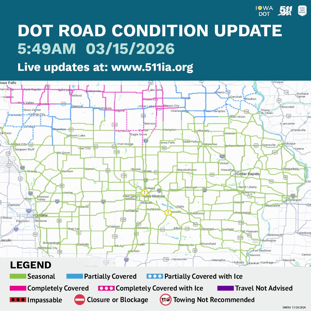 iowadot's tweet image. Here's your first look at a day that's bringing everything from thunder and rain to snow, wind, and ice. Not exactly Iowa nice! Road conditions are deteriorating fast in northern Iowa and our crews are already hard at work!