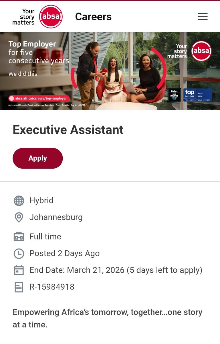 Absa is hiring! Administrative Assistant 📌Executive Assistant End Date ...
