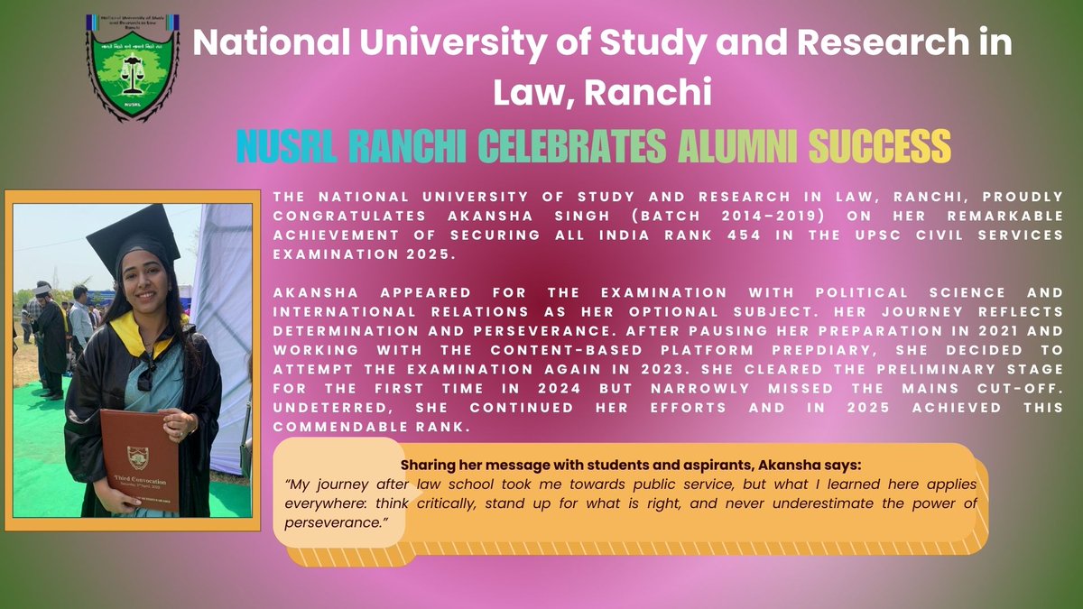 nusrlranchi's tweet photo. Akansha Singh 
Batch 2014-2019  
Exam - UPSC CSE 2025 
Rank - 454 https://t.co/lqQ0Mrf8lo