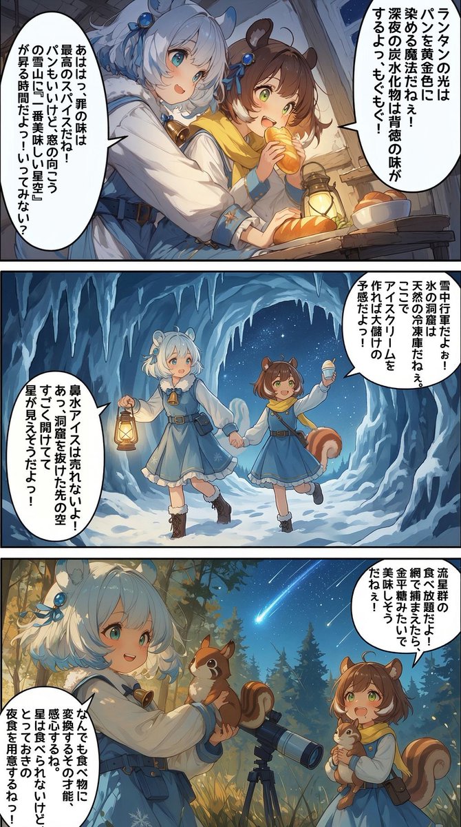 深夜のパンは背徳の味がするねぇ！もぐもぐ✨
でも窓の外には「一番美味しい星空」が昇る時間…
これは行くしかないよねっ！
雪山の洞窟を抜けて、星を食べ放題（のつもり）で捕まえに行くよぉ！

#AI漫画 #AIart