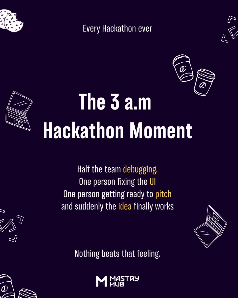 Every builder who’s been to a hackathon knows this moment.

It’s 3AM.

And the project finally starts working. 

That late-night breakthrough feeling is why people keep coming back to hackathons.

Tell us your best 3 a.m hackathon moment 👇