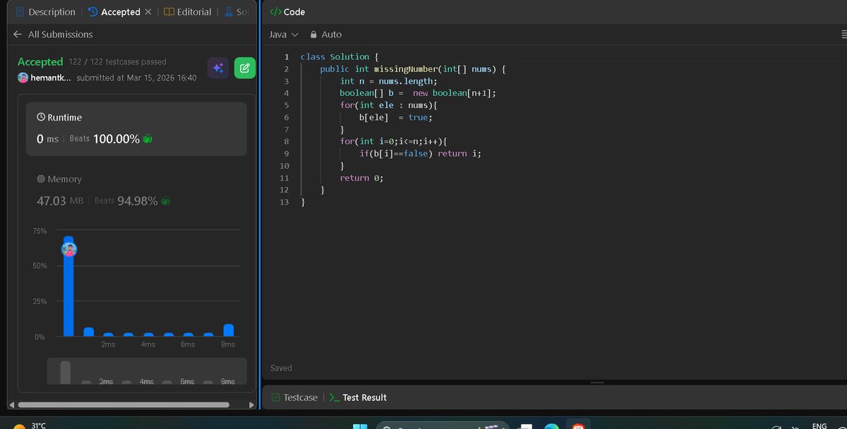 HemantGola66481's tweet photo. Day 51 of my DSA Journey 🚀

Solved more problems from the Striver DSA Sheet today.

✔ LeetCode 268 – Missing Number
✔ LeetCode 283 – Move Zeroes
✔ LeetCode 189 – Rotate Array
Consistency is the key
Step by step getting
#DSA #LeetCode #StriverSheet #CodingJourney #100DaysOf https://t.co/F7OTz0HbSs