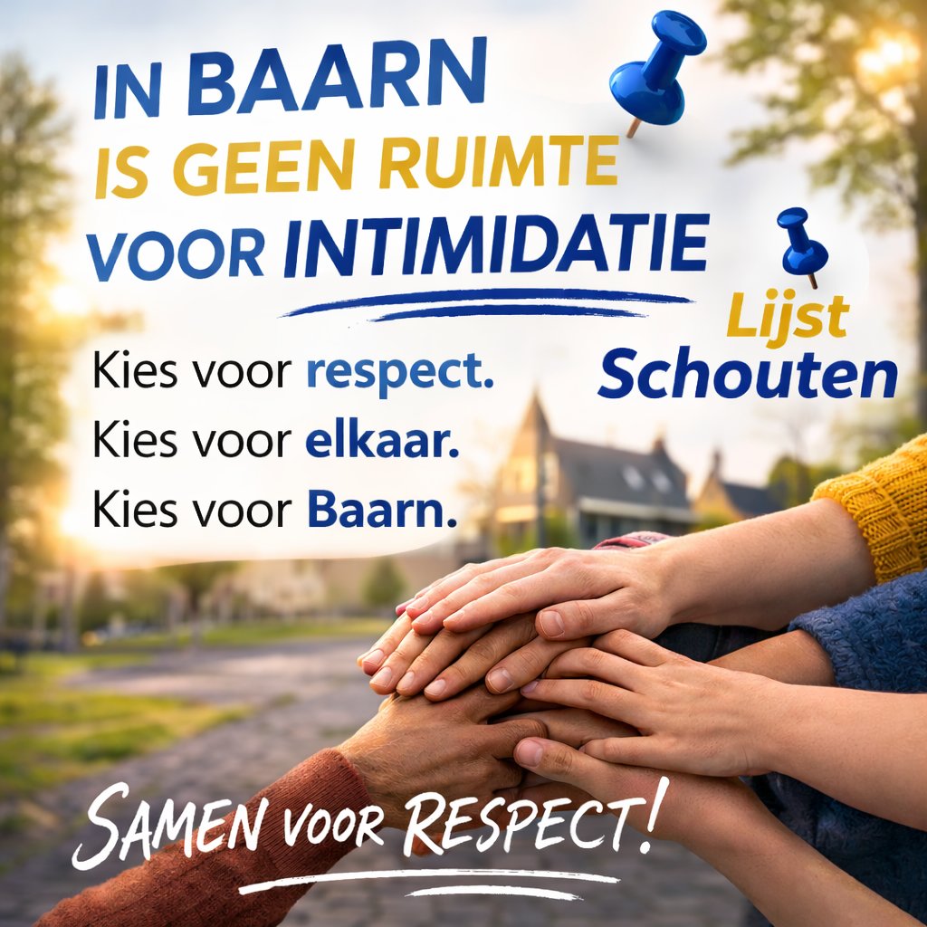 Dit gaat niet over politieke verschillen. Dit gaat over fatsoen.
Intimidatie en haat horen niet thuis in ons dorp. Daarom spreek ik mij samen met alle Baarnse politieke partijen uit met onderstaand statement.
lijstschouten.nl/2026/03/samen-…