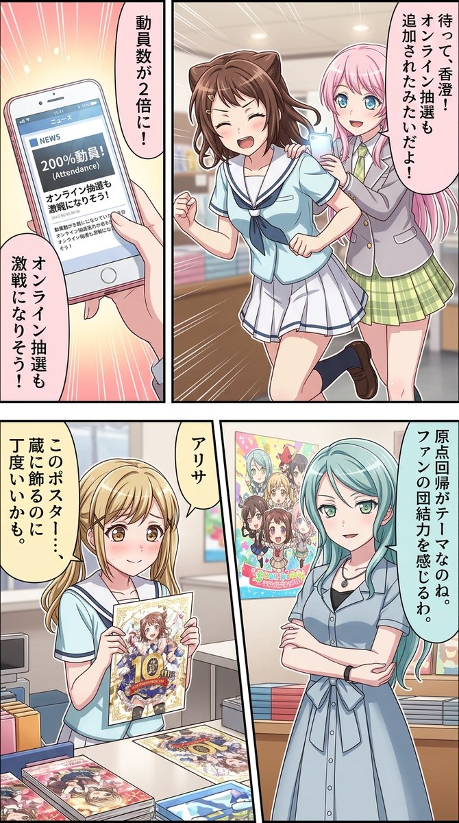 news2ch5's tweet photo. #生成漫画AI
#バンドリ

元祖！バンドリちゃんポップアップストアが秋葉原ブシロードクリエイティブストアで1月23日から開催され、10周年ver.の新グッズが完売続出です。ミニキャライラスト使用のアクキーやタペストリーが目玉で、描きおろしイラストのポスターも配布されました。 https://t.co/az9Qs4nU1X